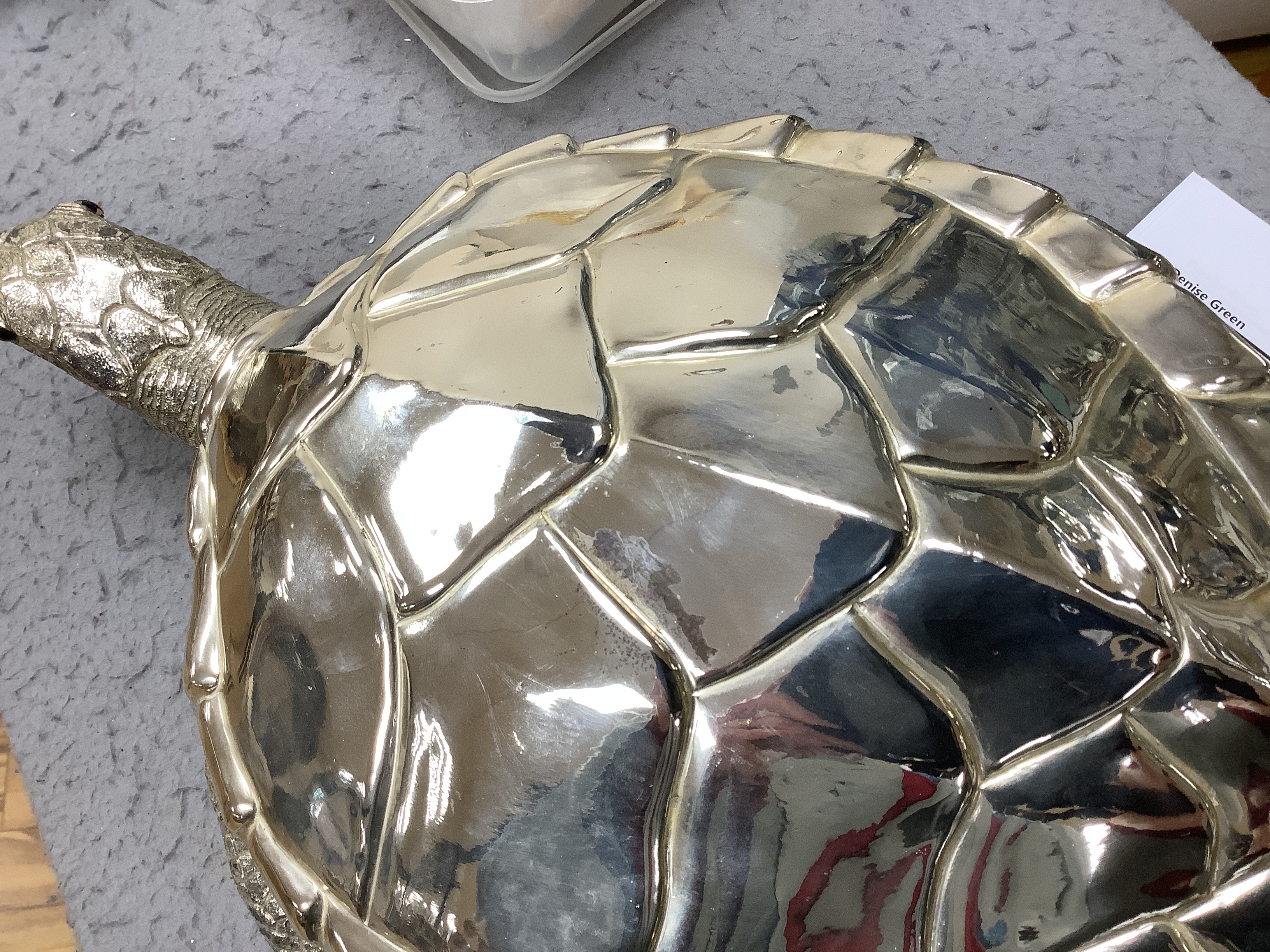 A silver plated turtle soup tureen with hinged lid, length 40cm